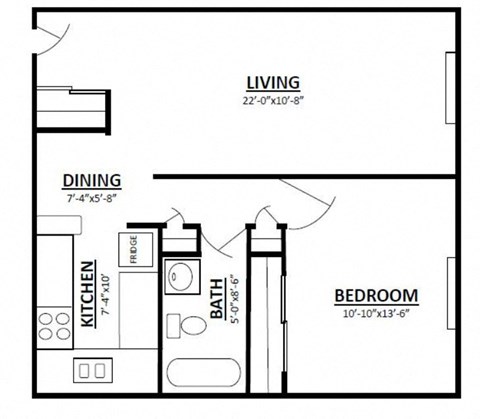 Floor plan for 1 bed, 1 bath, 700 sqft